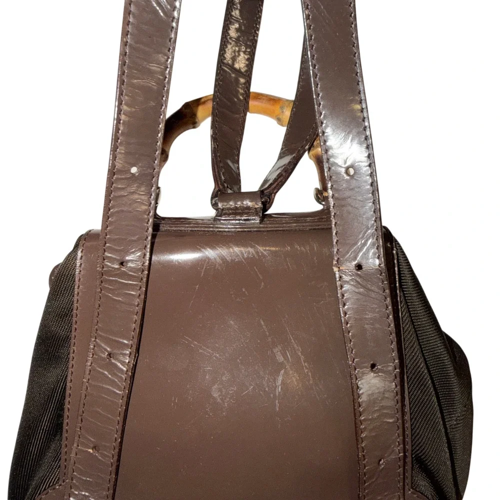 Vintage Gucci Brown Mini Backpack w/ Bamboo Handle Patent Leather + Nylon Auth